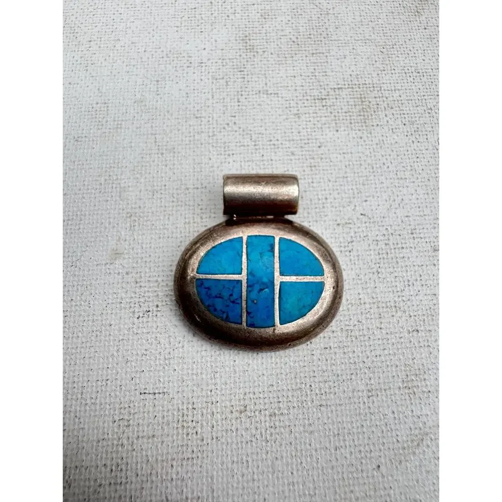 Vintage Sterling Silver Crushed Blue Stone Inlay Pendant - 13 grams
